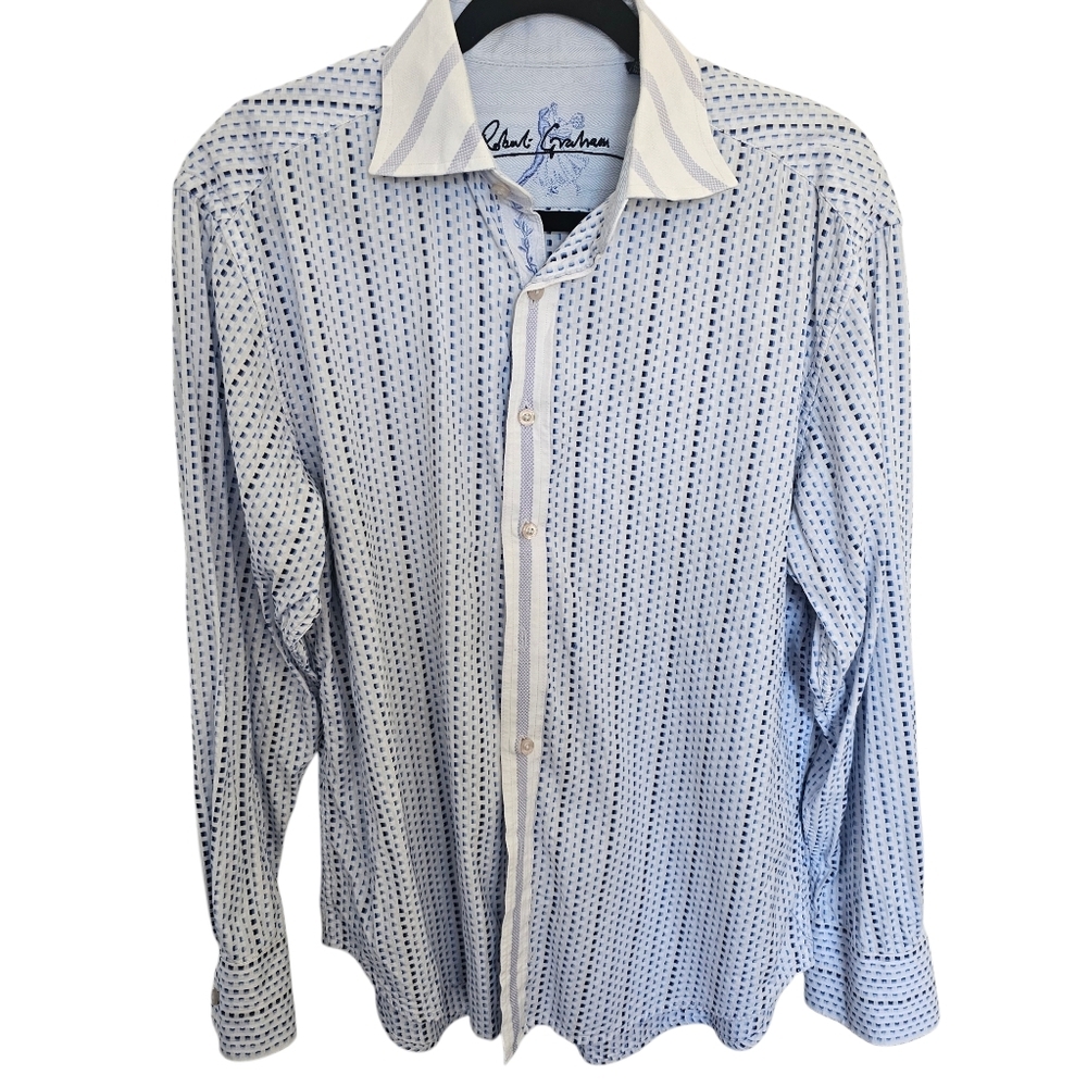 Robert Graham Shirt Mens Ballroom flip cuff embroidered dancers blue Large